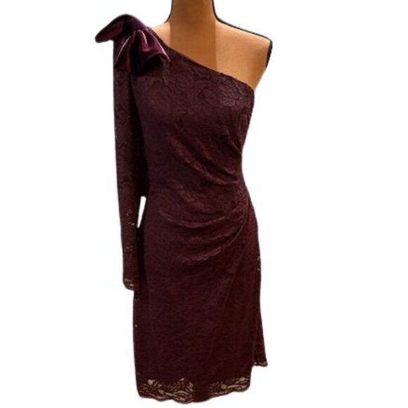 Jessica Howard Dresses & Skirts - Jessica Howard One Shoulder Lace Sheath Midi Dress in Purple with Shoulder Bow